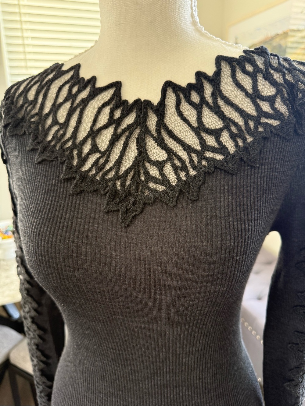 Black Lace-Trim Ribbed Women's Sweater